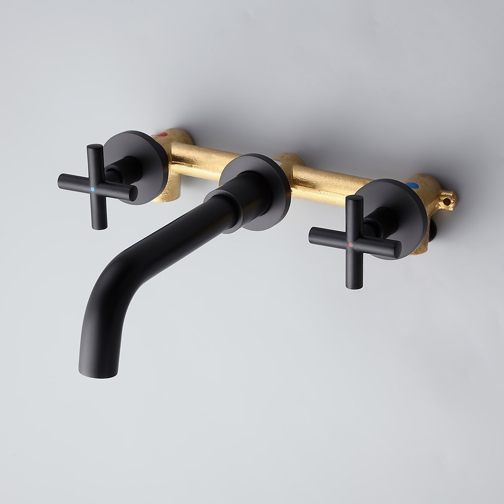 HMR - Melro Wall Mounted Cross Handles Sink Faucet in Matte Black, Brass