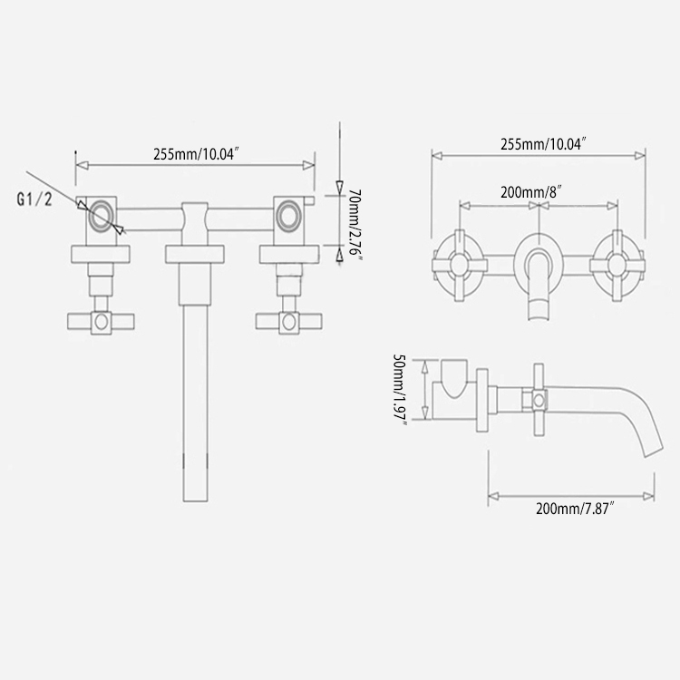 HMR - Melro Wall Mounted Cross Handles Sink Faucet in Matte Black, Brass