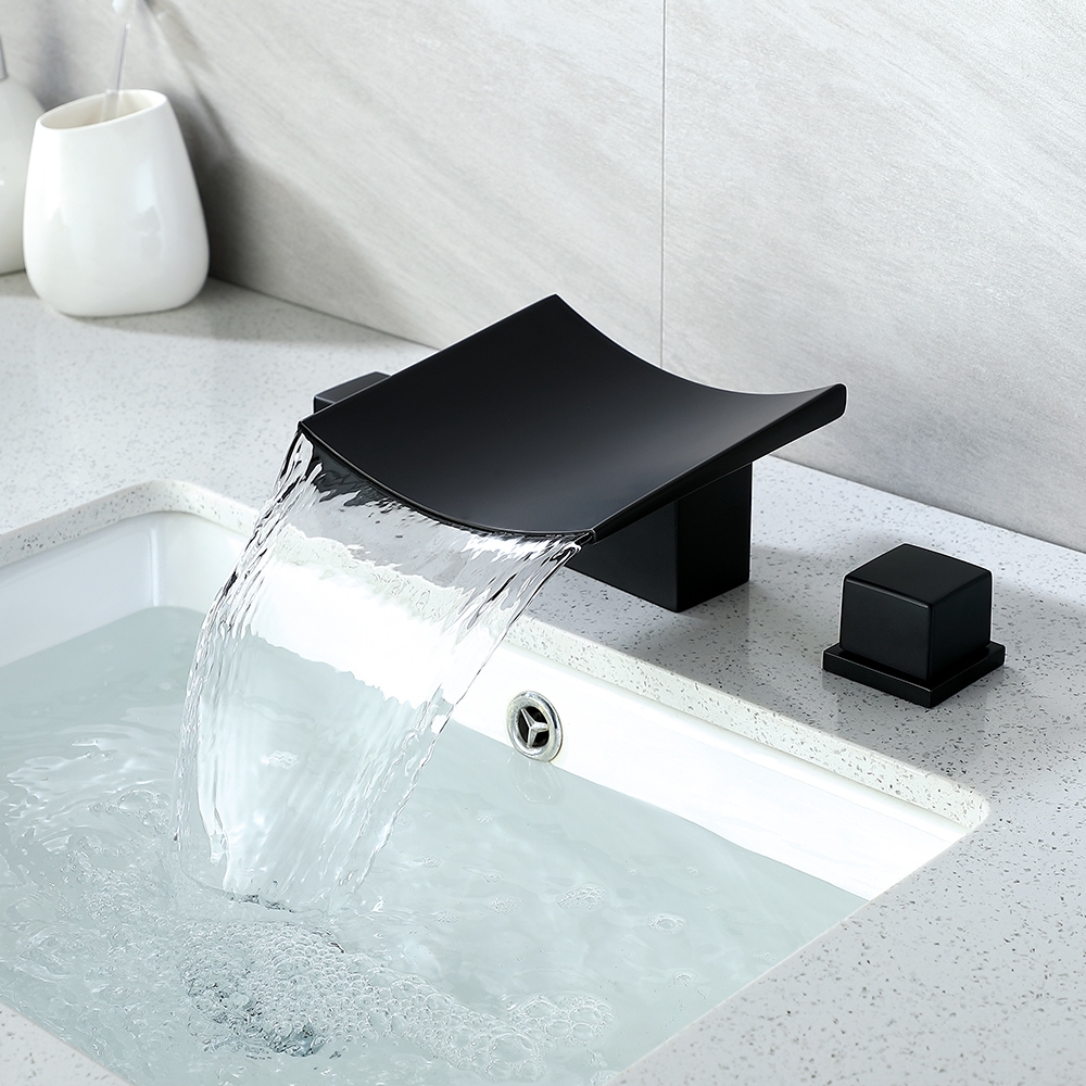 HMR - Waterfall Widespread Bathroom Sink Faucet with Double Knobs in Matte Black