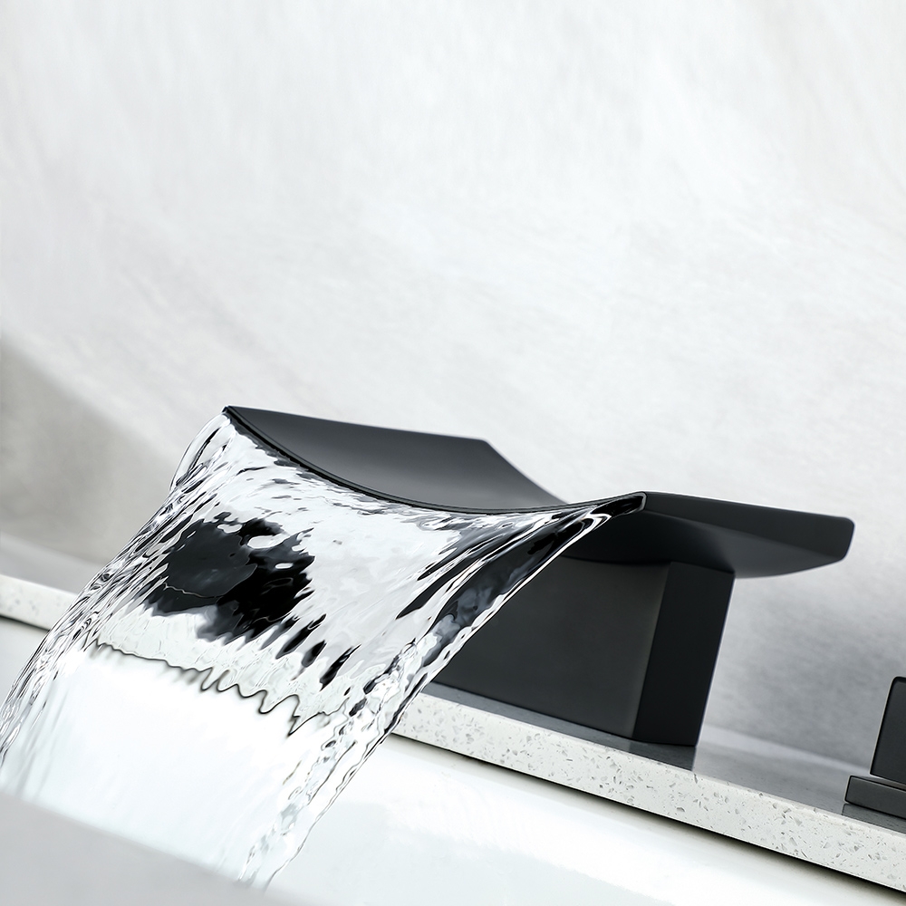 HMR - Waterfall Widespread Bathroom Sink Faucet with Double Knobs in Matte Black