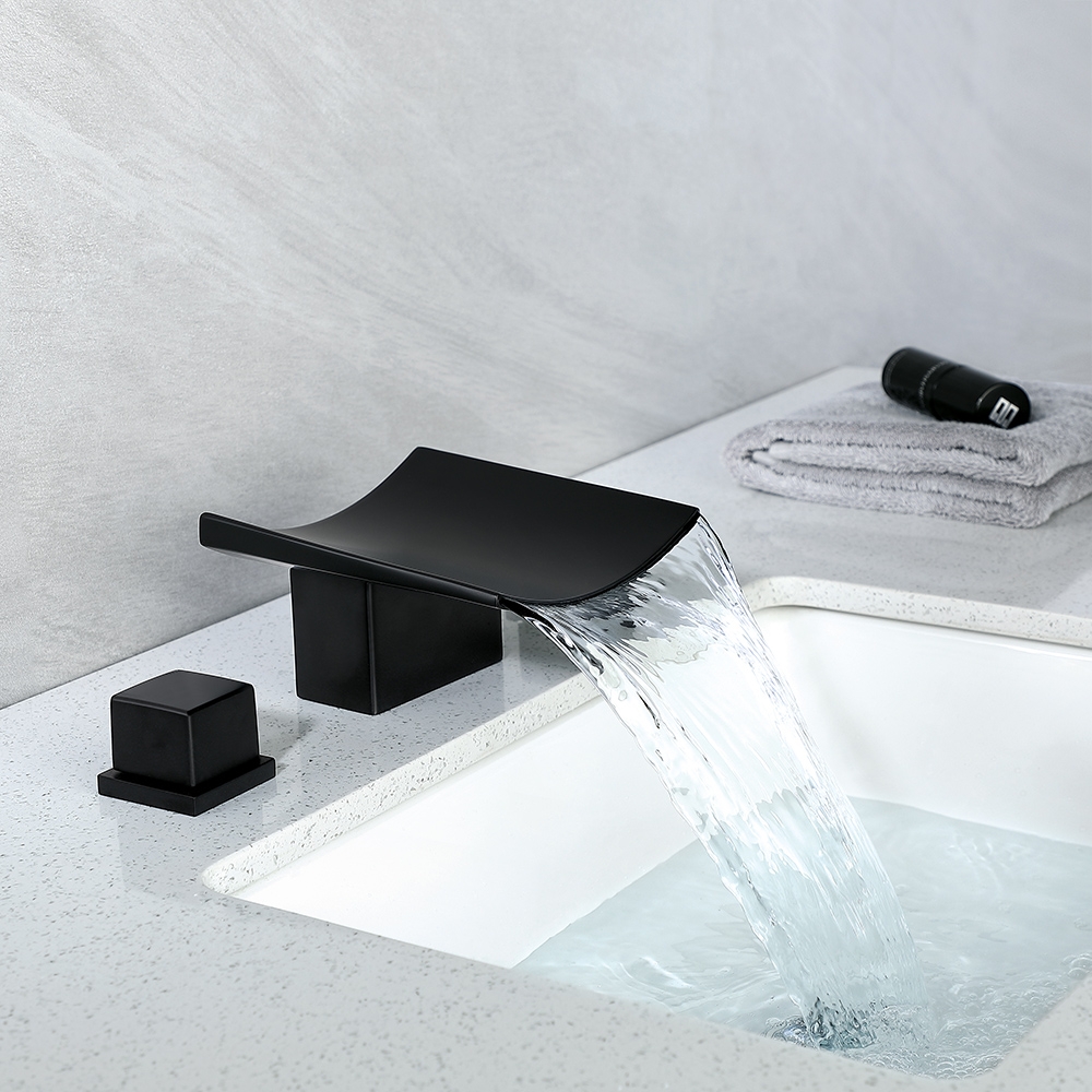 HMR - Waterfall Widespread Bathroom Sink Faucet with Double Knobs in Matte Black