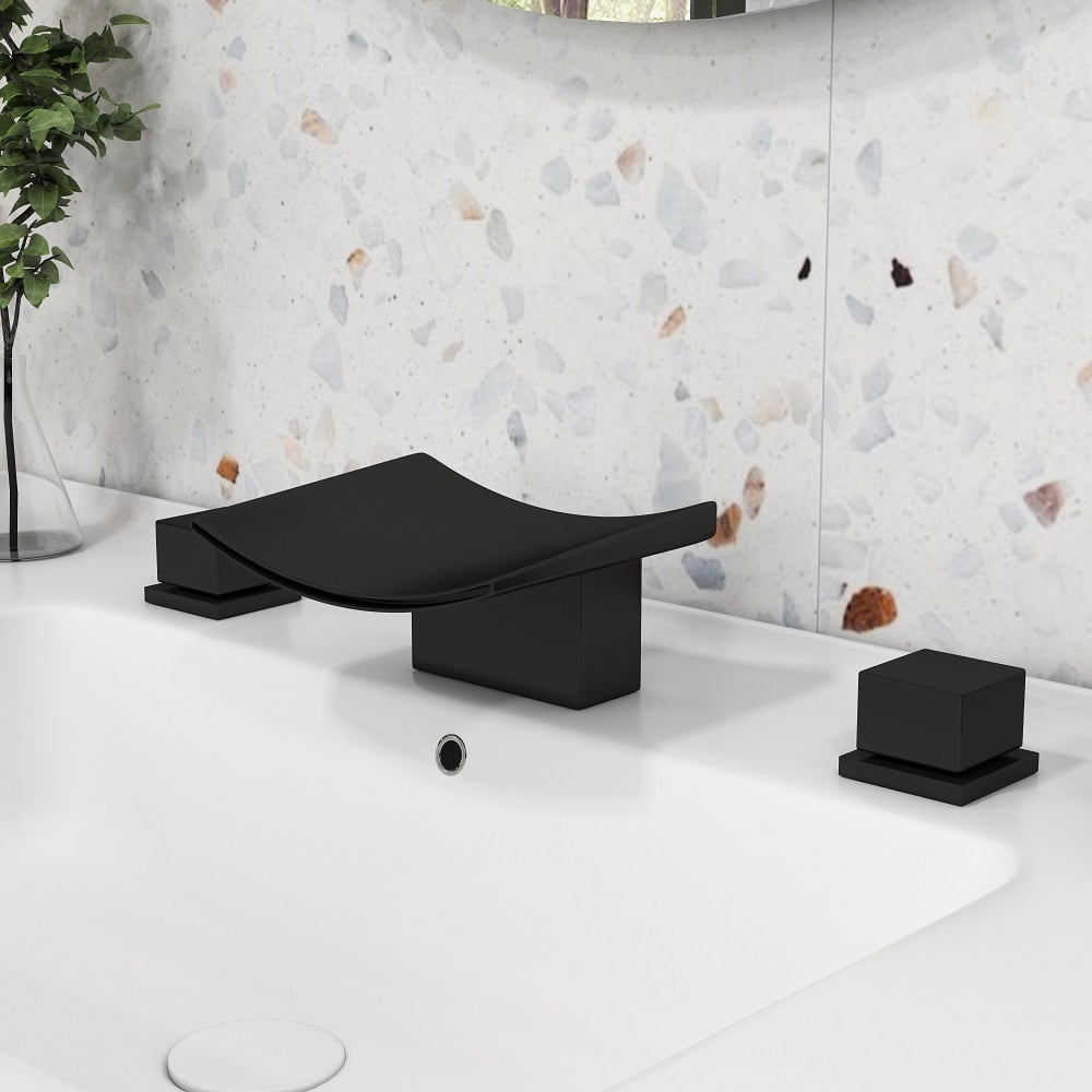 HMR - Waterfall Widespread Bathroom Sink Faucet with Double Knobs in Matte Black
