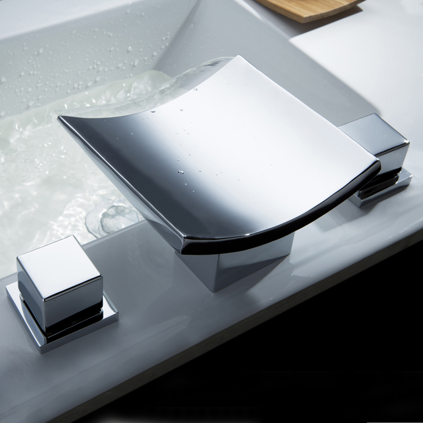 HMR - Double Handle Waterfall Bathroom Sink Faucet in Polished Chrome
