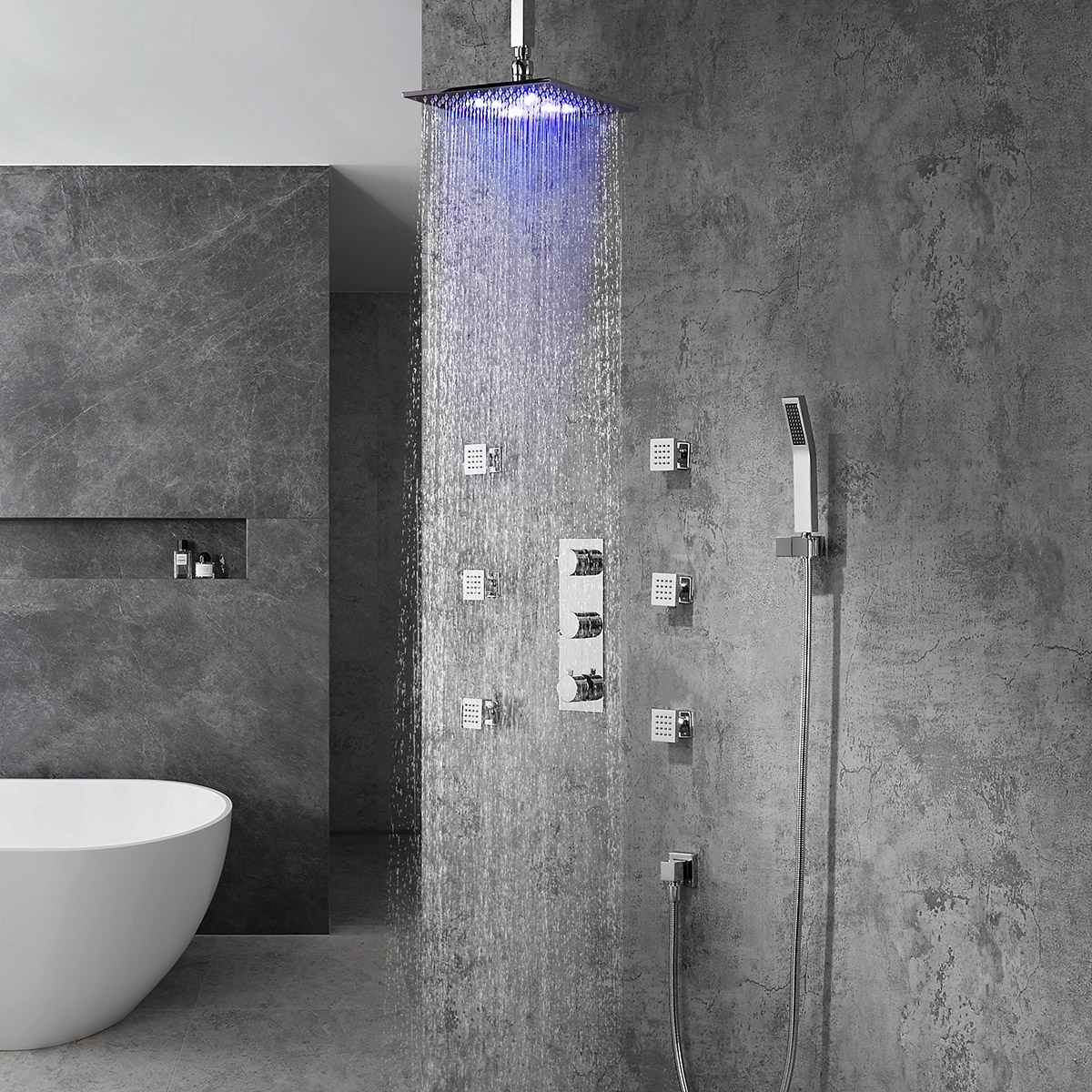 HMR - Ceiling Mounted Rain Shower System with Handheld Shower and 6 Body Sprays in with LED