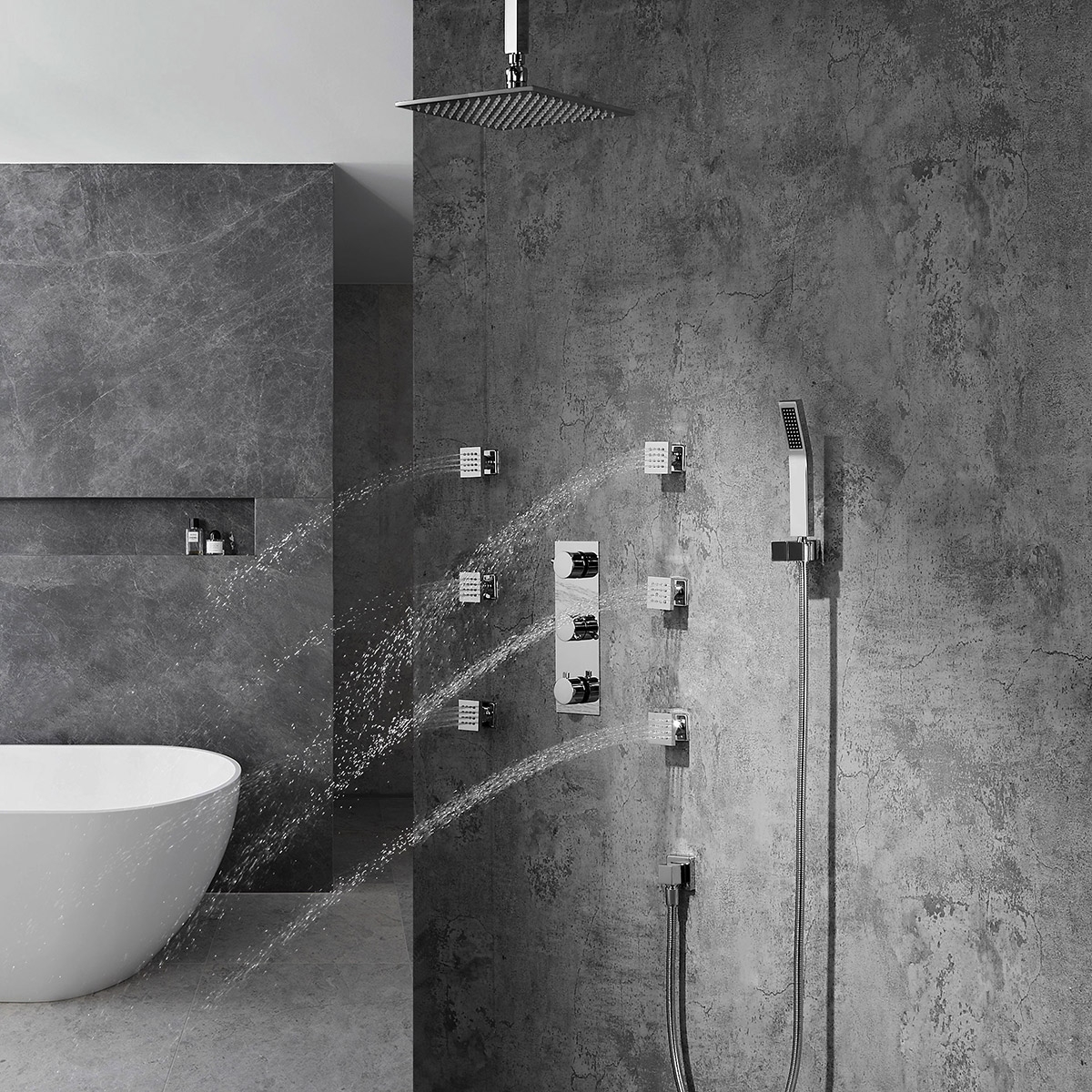 HMR - Ceiling Mounted Rain Shower System with Handheld Shower and 6 Body Sprays in with LED
