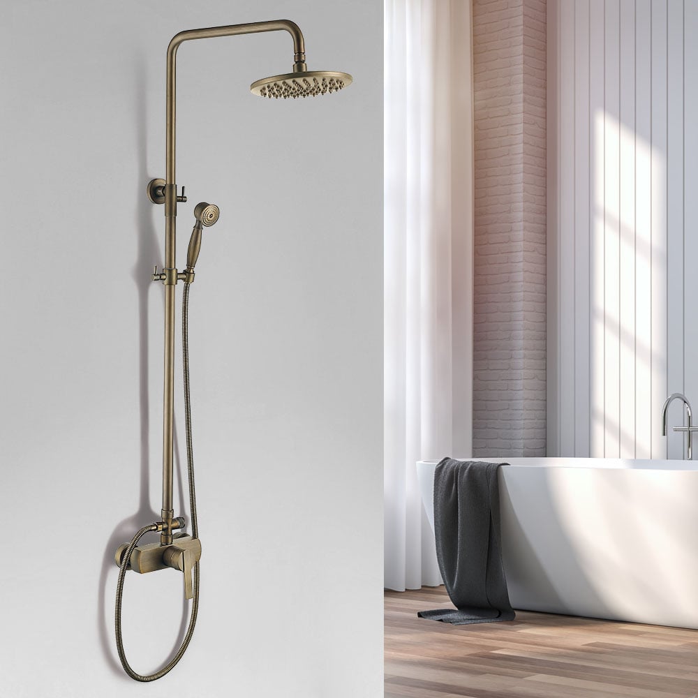 HMR - Antique Brass Exposed Wall Mount Shower System with 8" Rain Shower Head and Hand Shower
