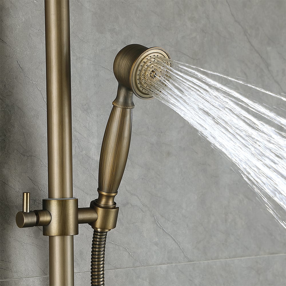 HMR - Antique Brass Exposed Wall Mount Shower System with 8" Rain Shower Head and Hand Shower