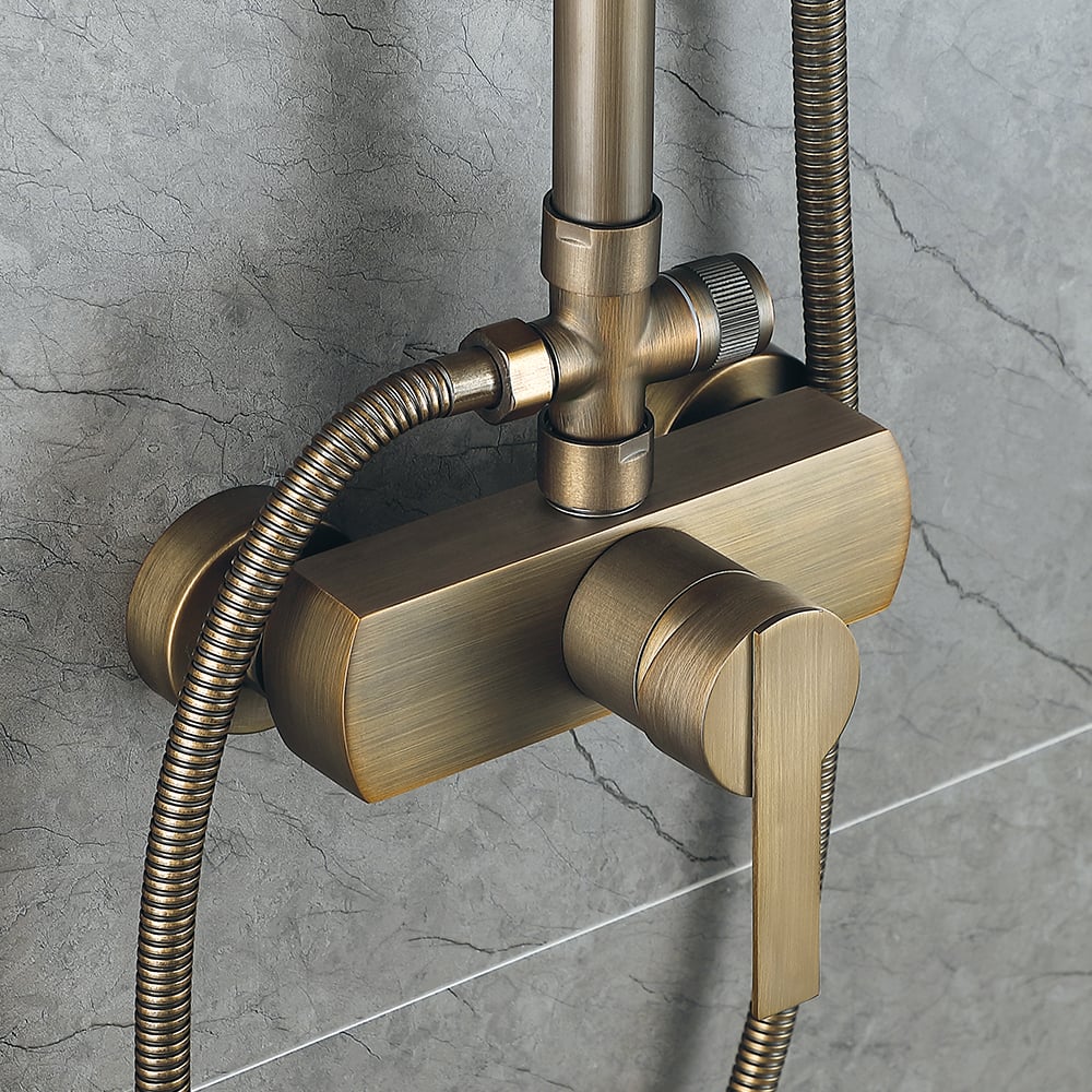 HMR - Antique Brass Exposed Wall Mount Shower System with 8" Rain Shower Head and Hand Shower