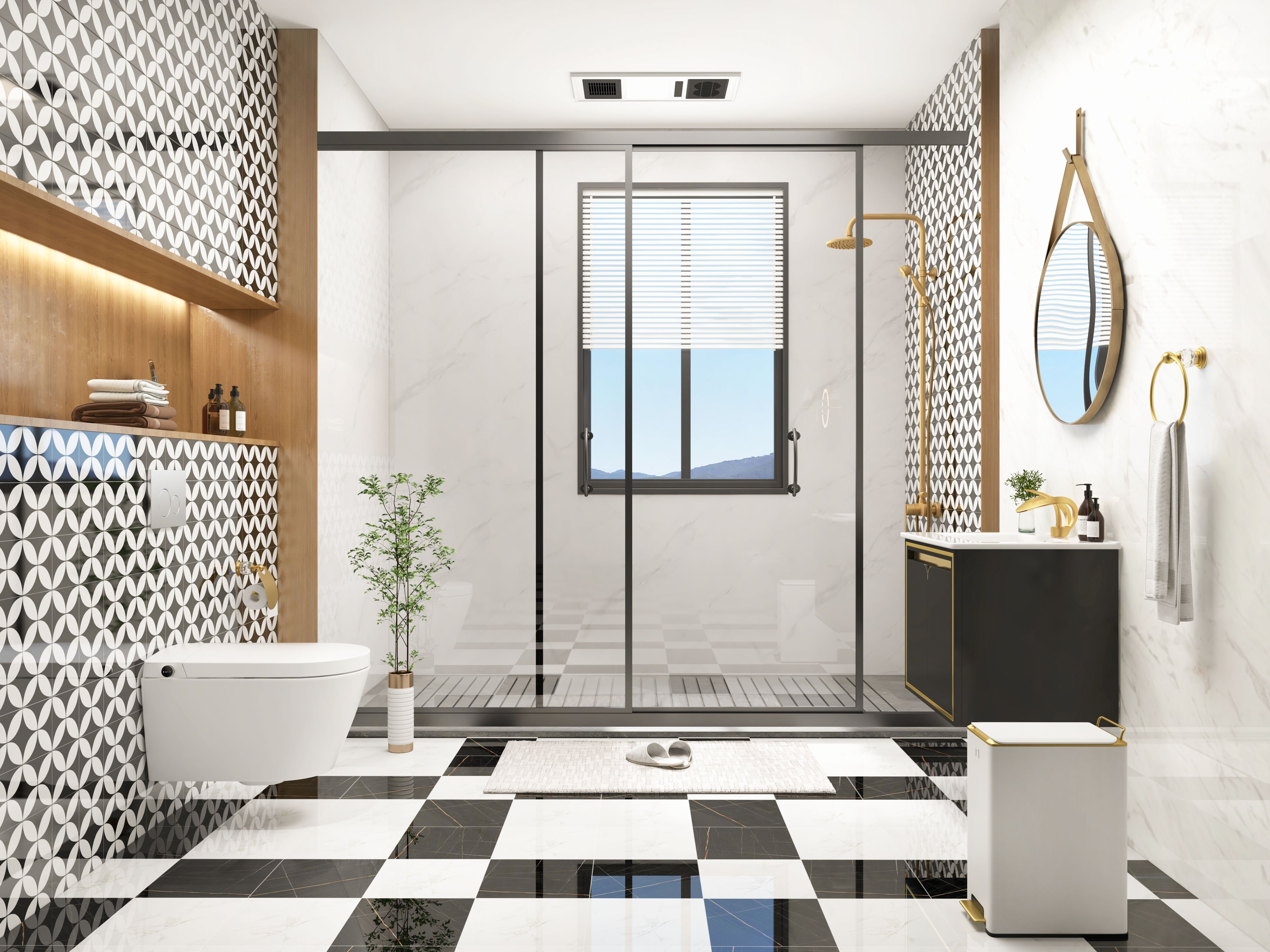 HMR - Antique Brass Exposed Wall Mount Shower System with 8" Rain Shower Head and Hand Shower