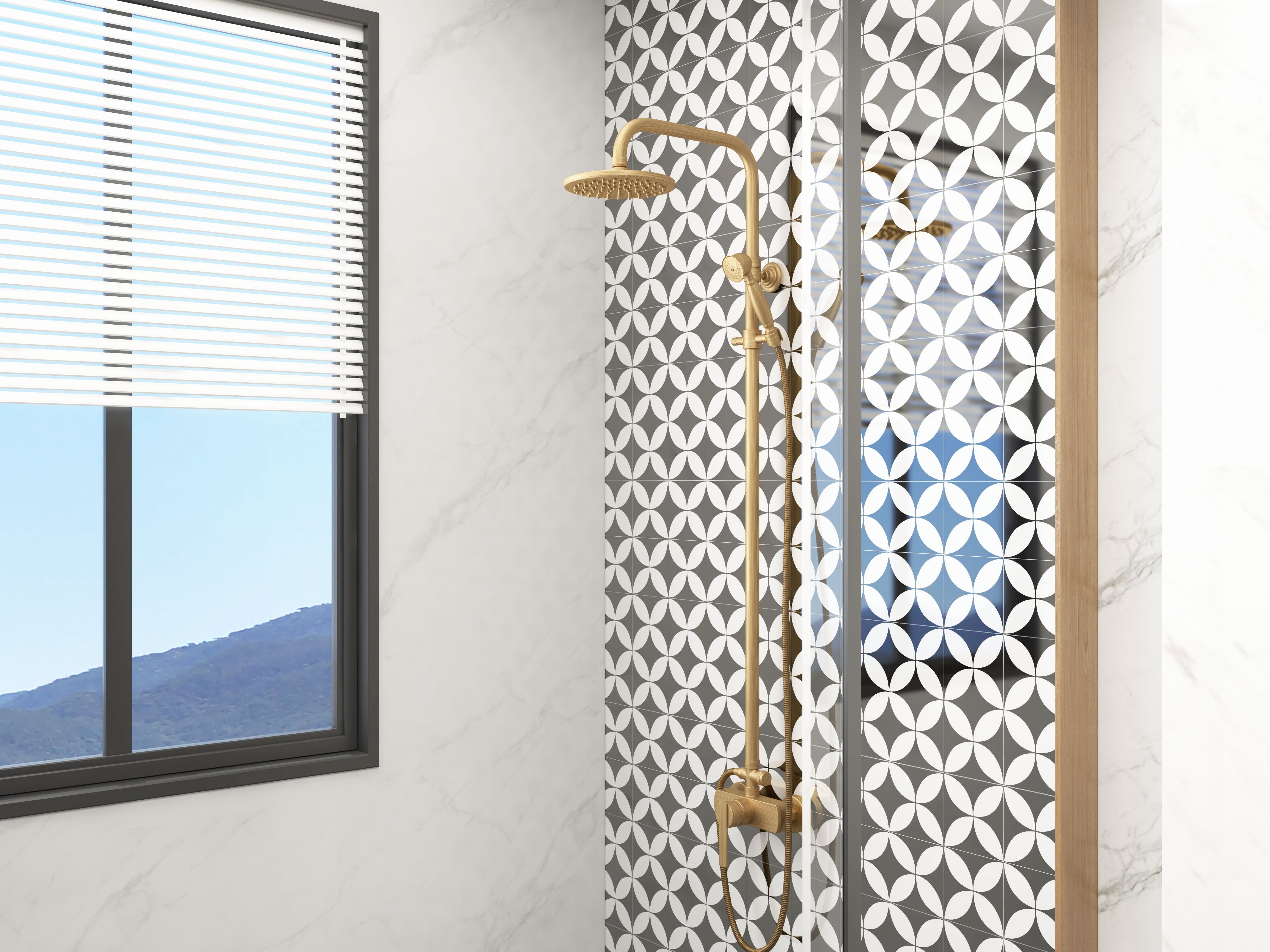 HMR - Antique Brass Exposed Wall Mount Shower System with 8" Rain Shower Head and Hand Shower