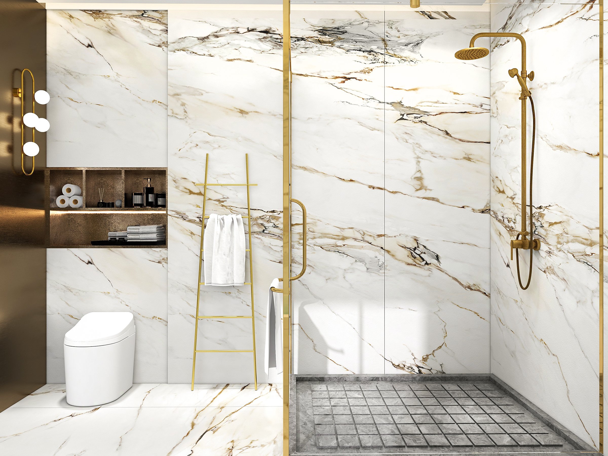 HMR - Antique Brass Exposed Wall Mount Shower System with 8" Rain Shower Head and Hand Shower