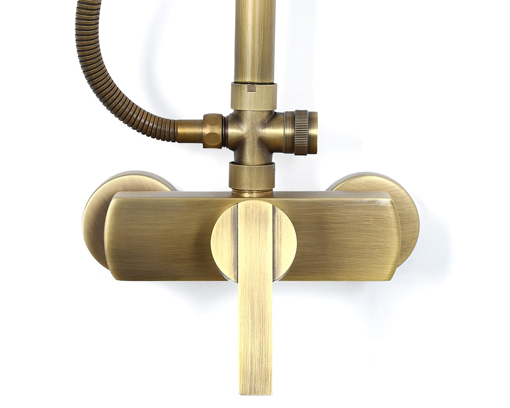 HMR - Antique Brass Exposed Wall Mount Shower System with 8" Rain Shower Head and Hand Shower