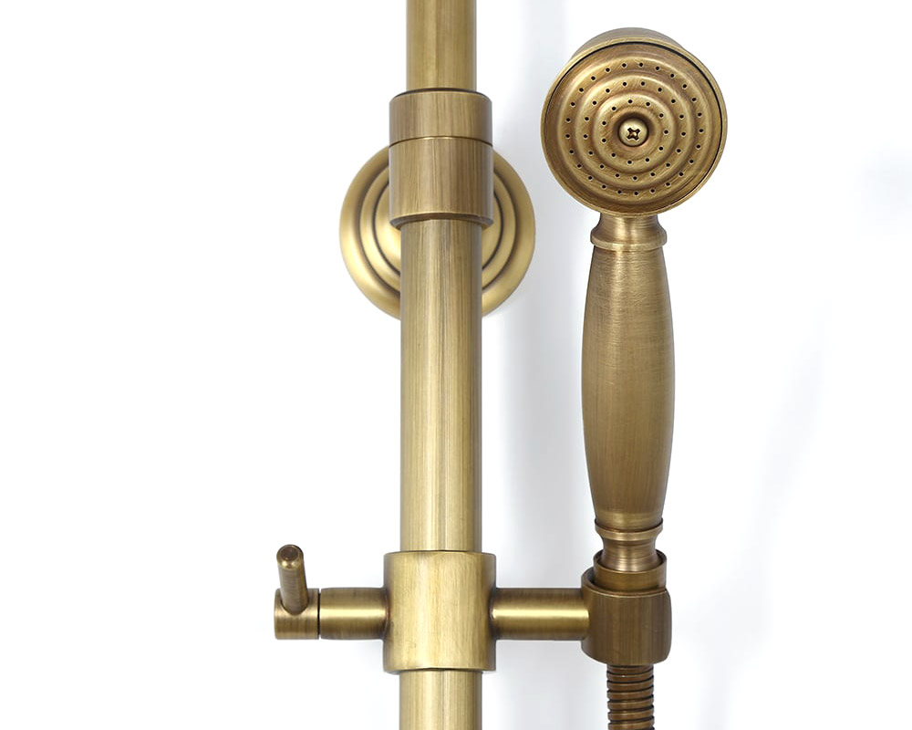 HMR - Antique Brass Exposed Wall Mount Shower System with 8" Rain Shower Head and Hand Shower
