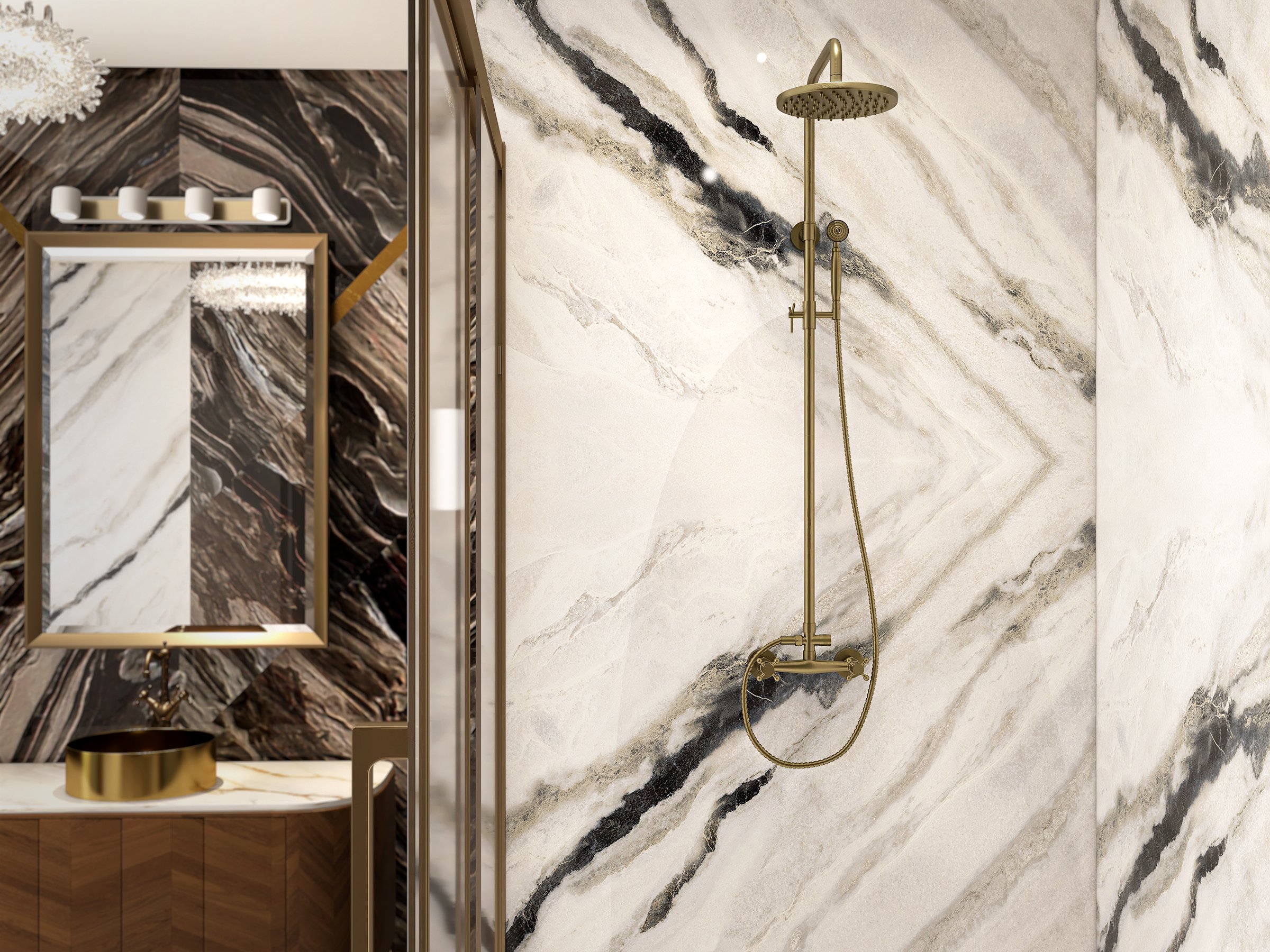 HMR - Two Handle Round Rainshower Shower Fixture in Antique Brass