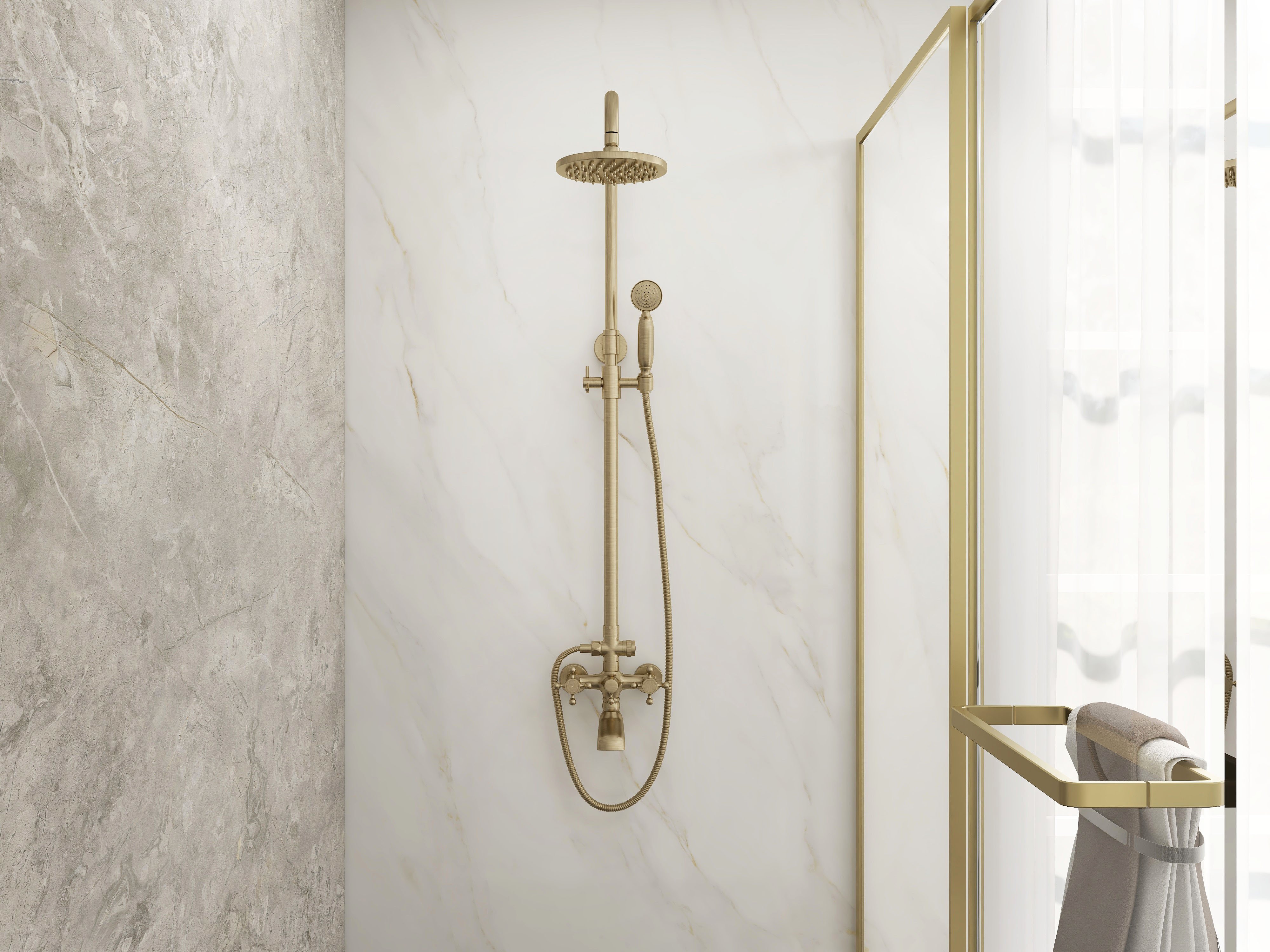 HMR - Rainfall Exposed Shower Fixture with Tub Spout in Antique Brass