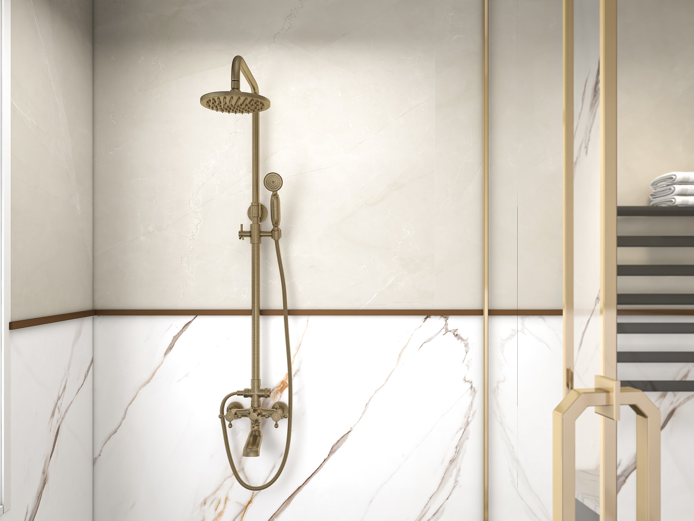 HMR - Rainfall Exposed Shower Fixture with Tub Spout in Antique Brass