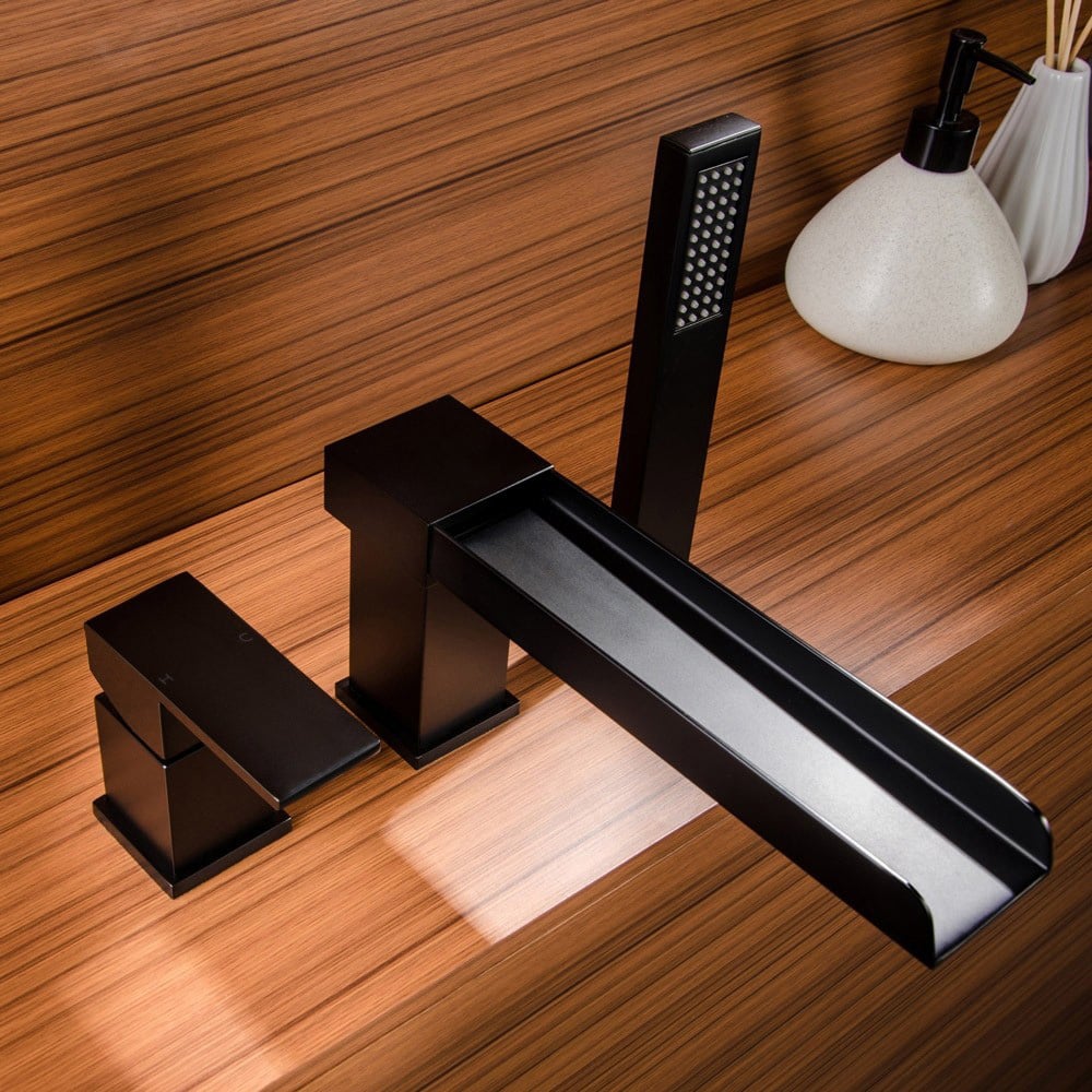 HMR - MILL Deck-Mount Waterfall Faucet with Handshower in Matte Black