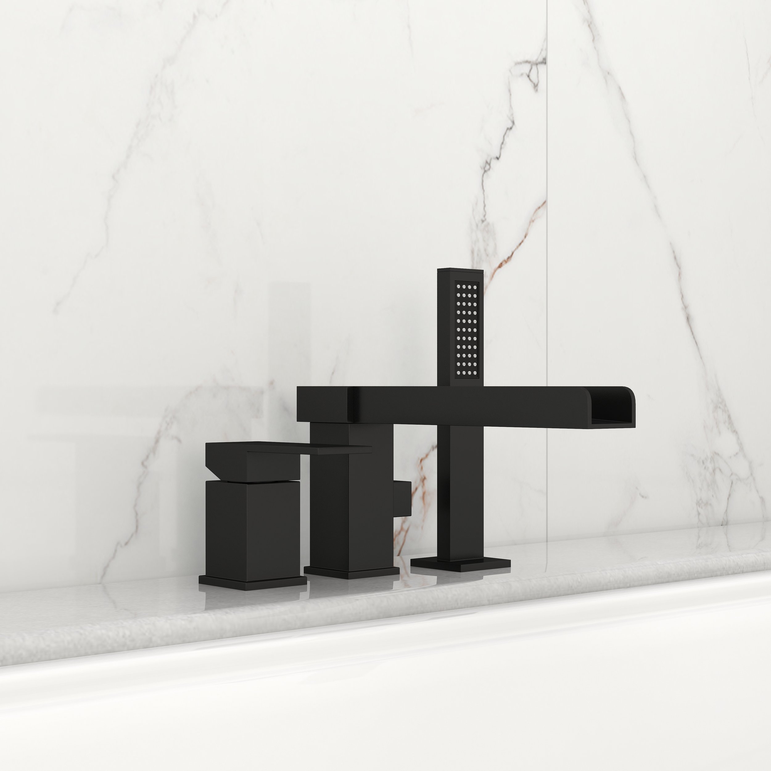 HMR - MILL Deck-Mount Waterfall Faucet with Handshower in Matte Black
