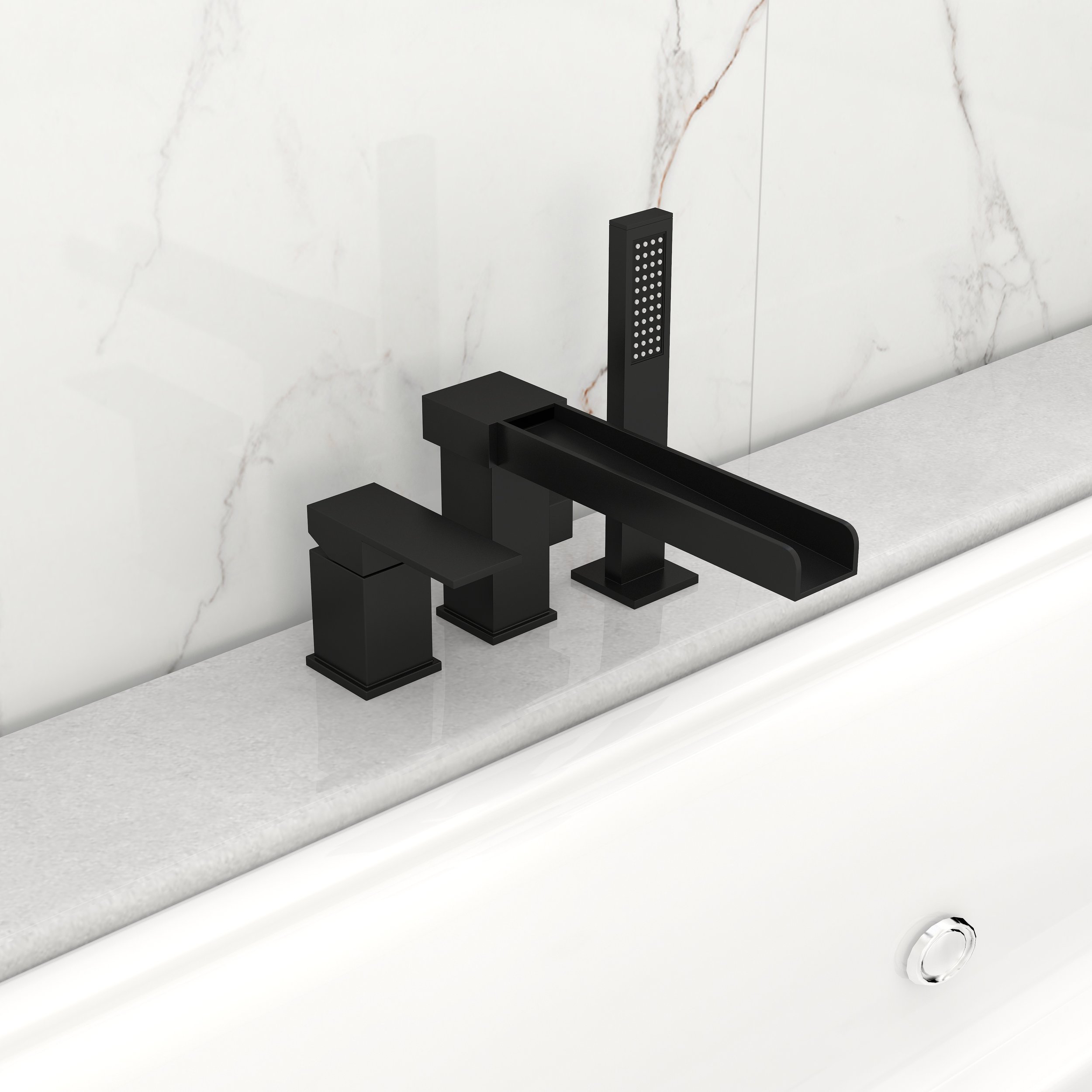 HMR - MILL Deck-Mount Waterfall Faucet with Handshower in Matte Black