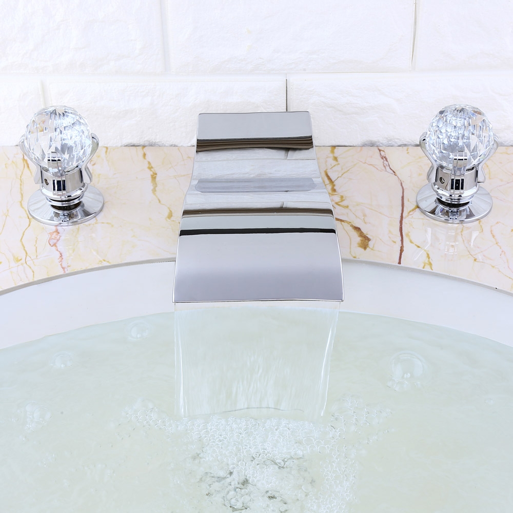 HMR - Deck Mount Bathroom Sink Faucet with 2 Crystal Handles in Solid Brass