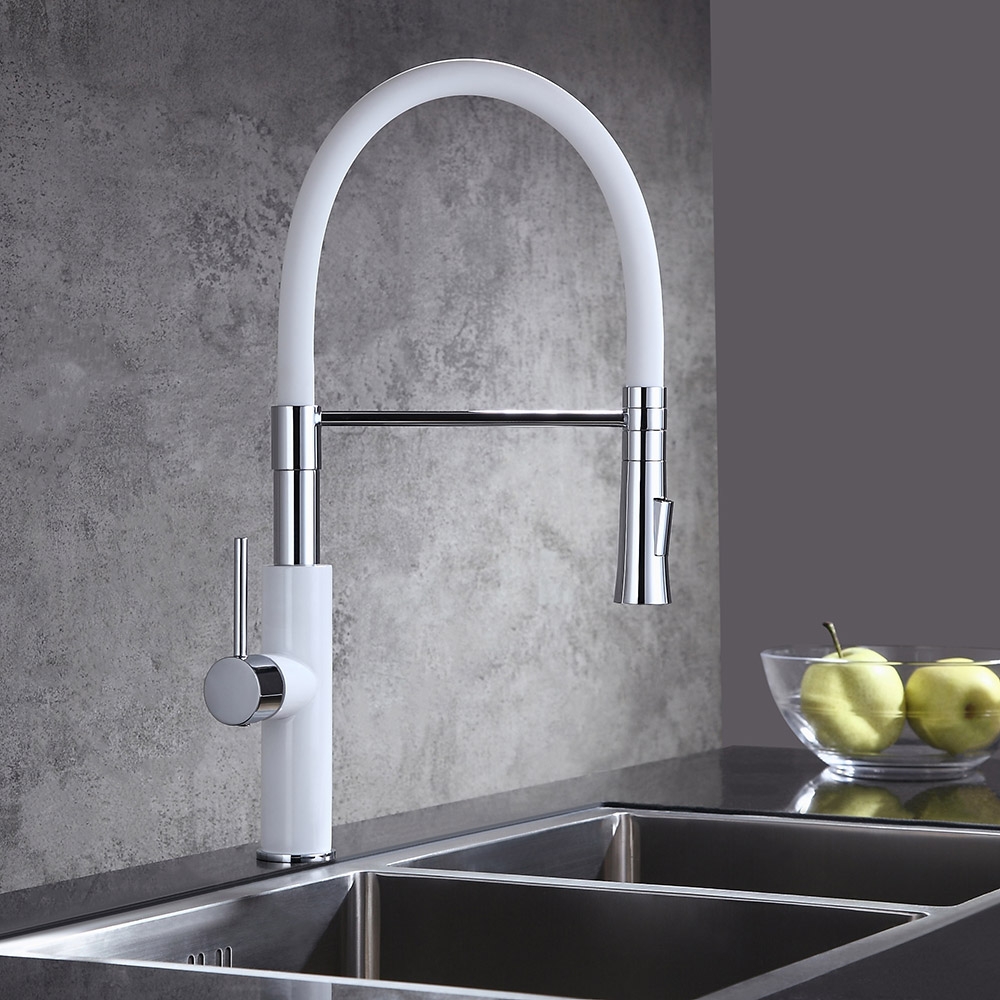 HMR - Single Handle Solid Brass Pull-Down Spray Kitchen Faucet in White