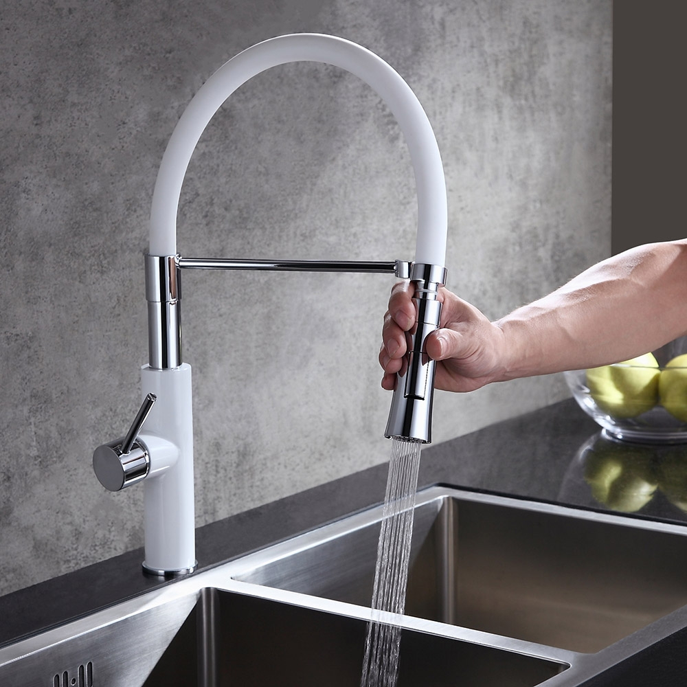 HMR - Single Handle Solid Brass Pull-Down Spray Kitchen Faucet in White