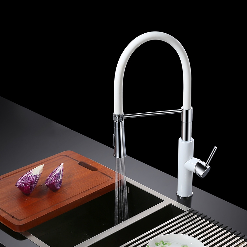 HMR - Single Handle Solid Brass Pull-Down Spray Kitchen Faucet in White