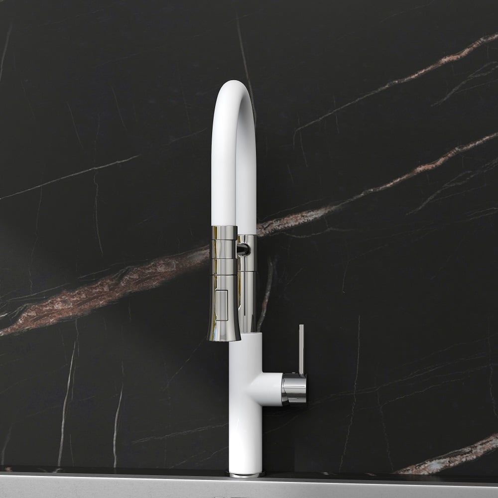 HMR - Single Handle Solid Brass Pull-Down Spray Kitchen Faucet in White