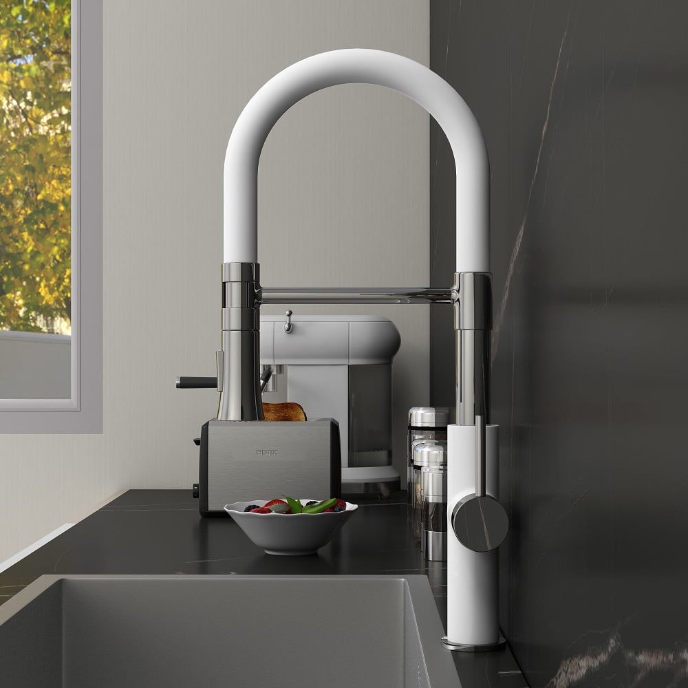 HMR - Single Handle Solid Brass Pull-Down Spray Kitchen Faucet in White