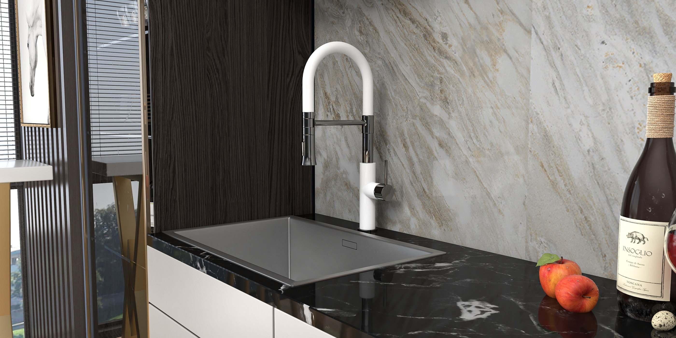 HMR - Single Handle Solid Brass Pull-Down Spray Kitchen Faucet in White