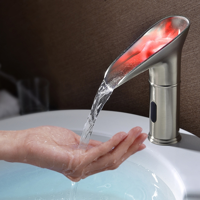 HMR - Single Hole Touchless Electronic Bathroom Sink Faucet with LED in Brushed Nickel