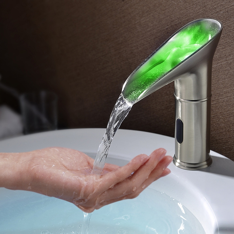 HMR - Single Hole Touchless Electronic Bathroom Sink Faucet with LED in Brushed Nickel