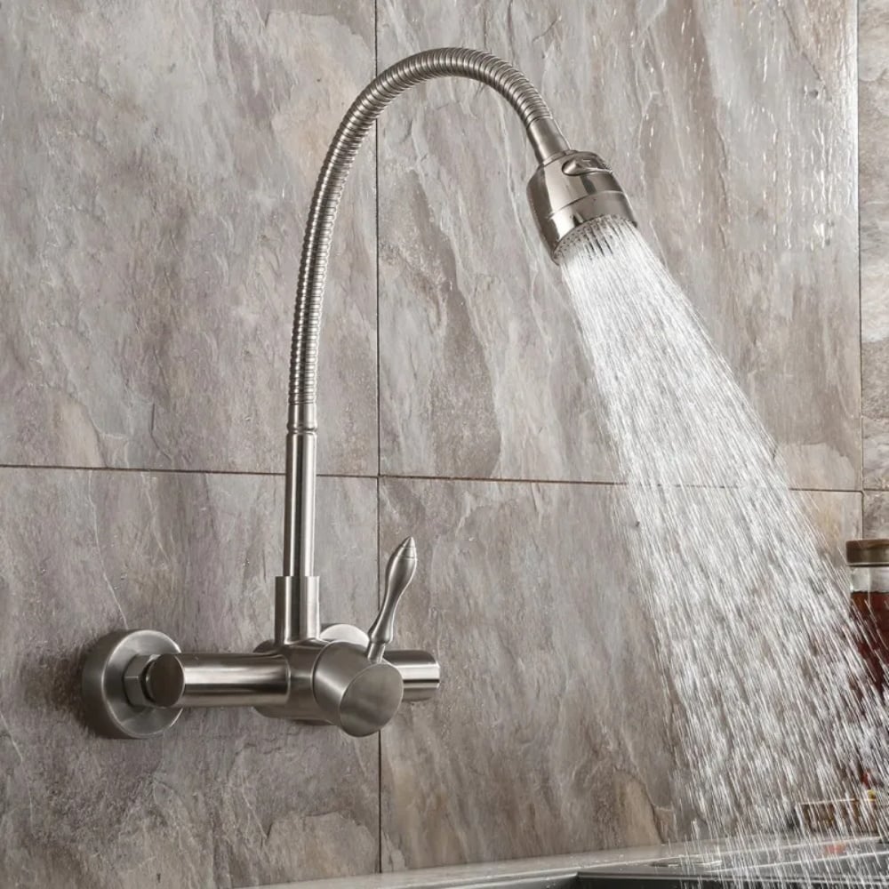 HMR - Brushed Wall-Mounted Stainless Steel Kitchen Faucet with Dual Function Sprayer in Brushed Nickel