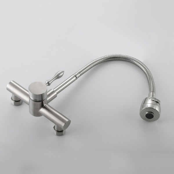 HMR - Brushed Wall-Mounted Stainless Steel Kitchen Faucet with Dual Function Sprayer in Brushed Nickel