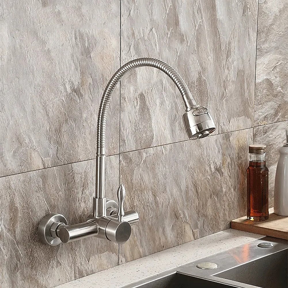 HMR - Brushed Wall-Mounted Stainless Steel Kitchen Faucet with Dual Function Sprayer in Brushed Nickel