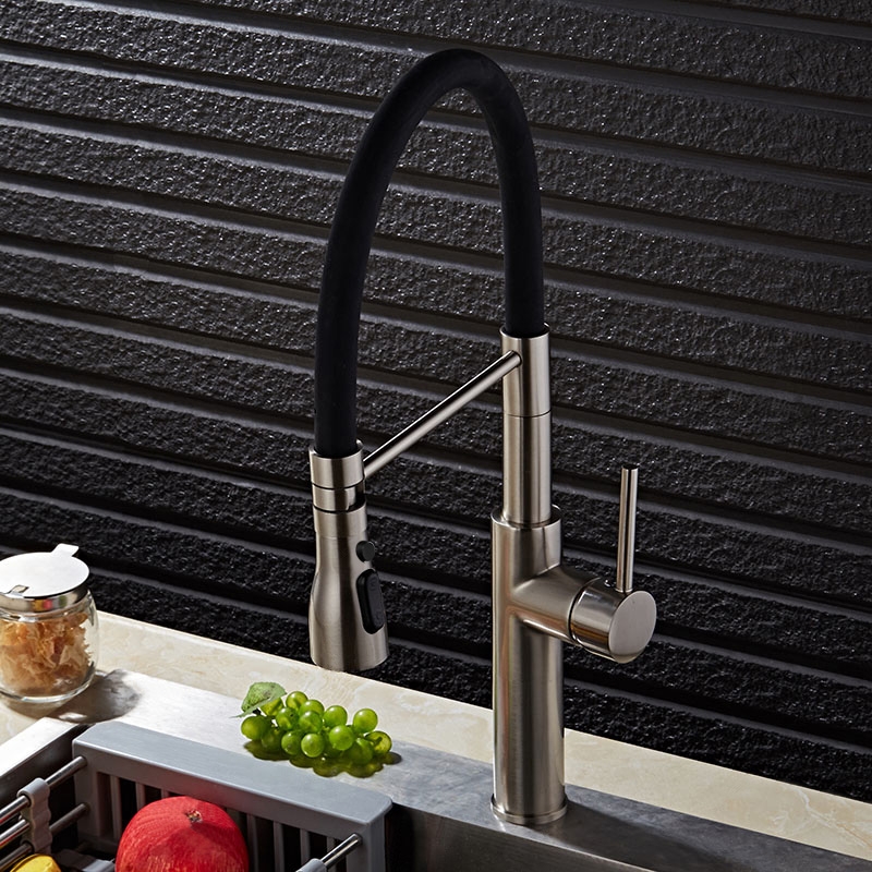 HMR - Contemporary Pull-Out Single Hole 1-Handle Faucet Spout in Brushed Nickel