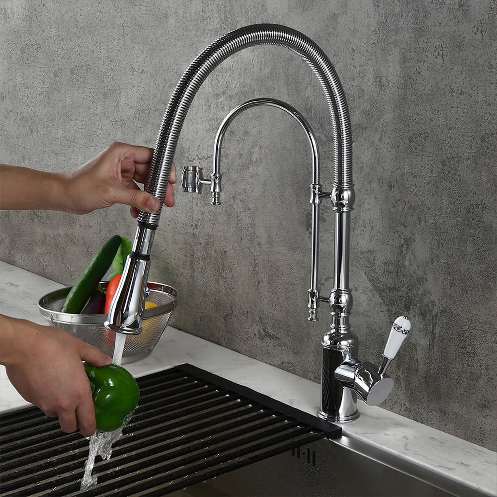 HMR High Arc Dual-Mode Pull-Down Kitchen Faucet Porcelain Handle with Porcelain Handle - Chrome