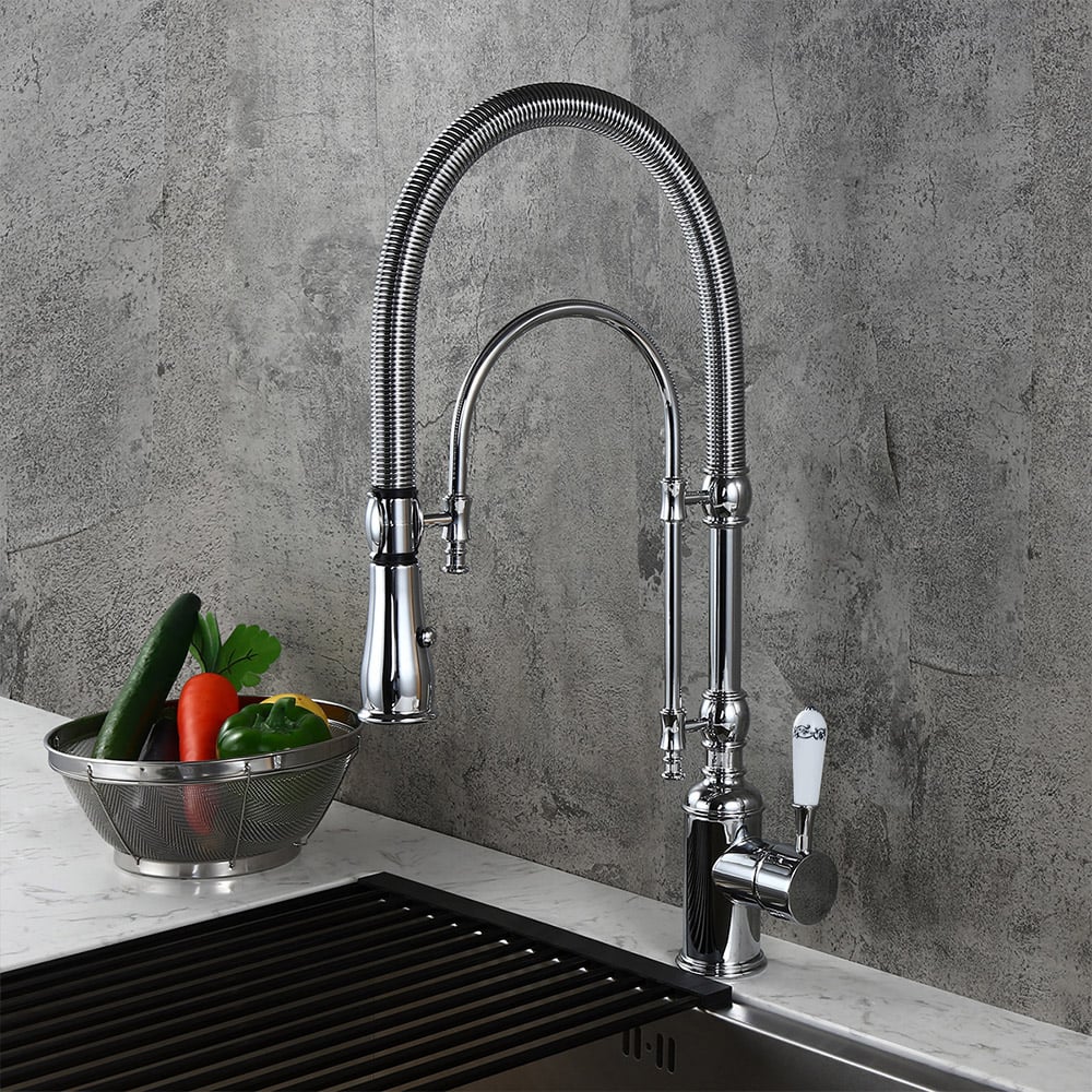 HMR High Arc Dual-Mode Pull-Down Kitchen Faucet Porcelain Handle with Porcelain Handle - Chrome