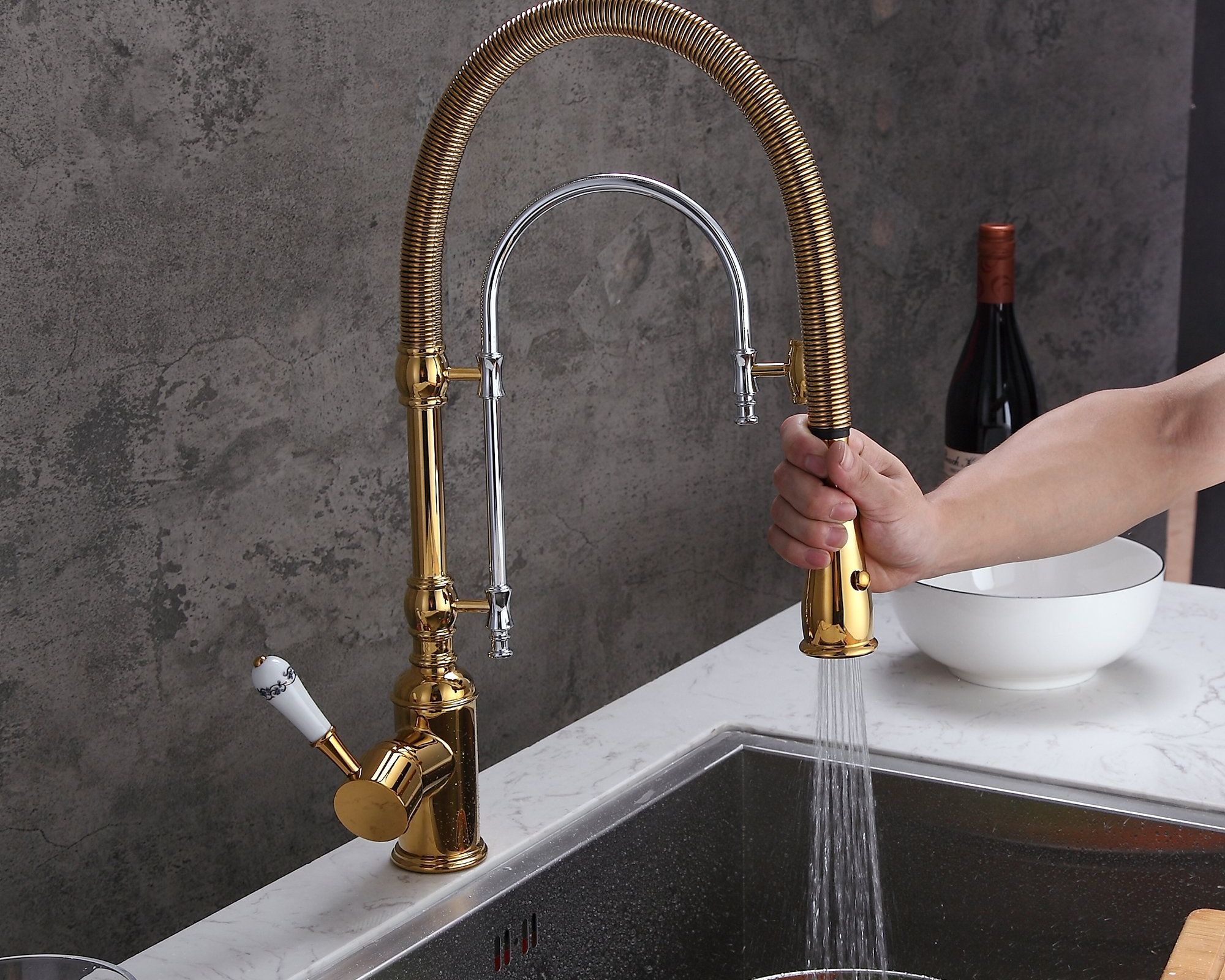 HMR High Arc Dual-Mode Pull-Down Kitchen Faucet Porcelain Handle with Porcelain Handle - Gold/Chrome