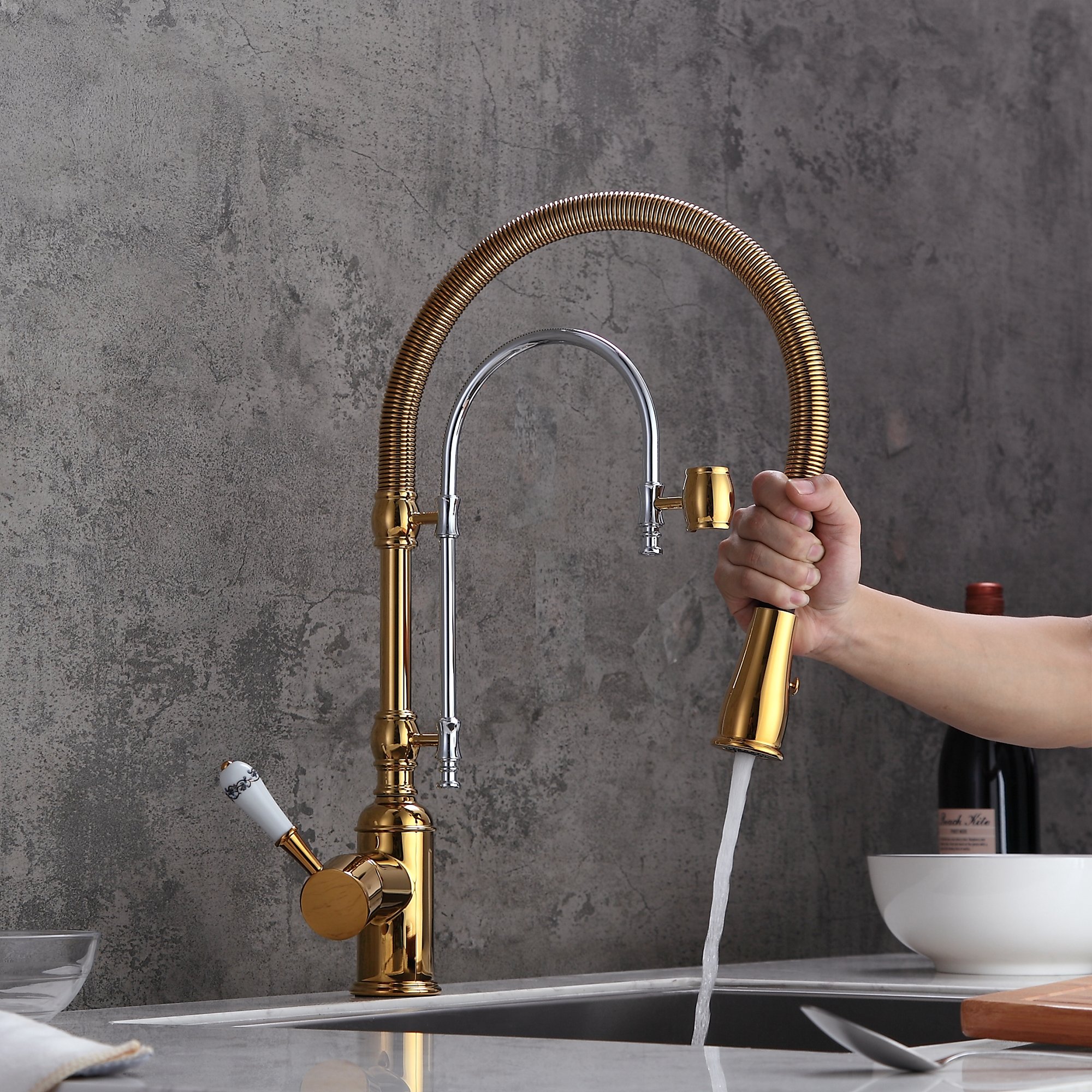 HMR High Arc Dual-Mode Pull-Down Kitchen Faucet Porcelain Handle with Porcelain Handle - Gold/Chrome