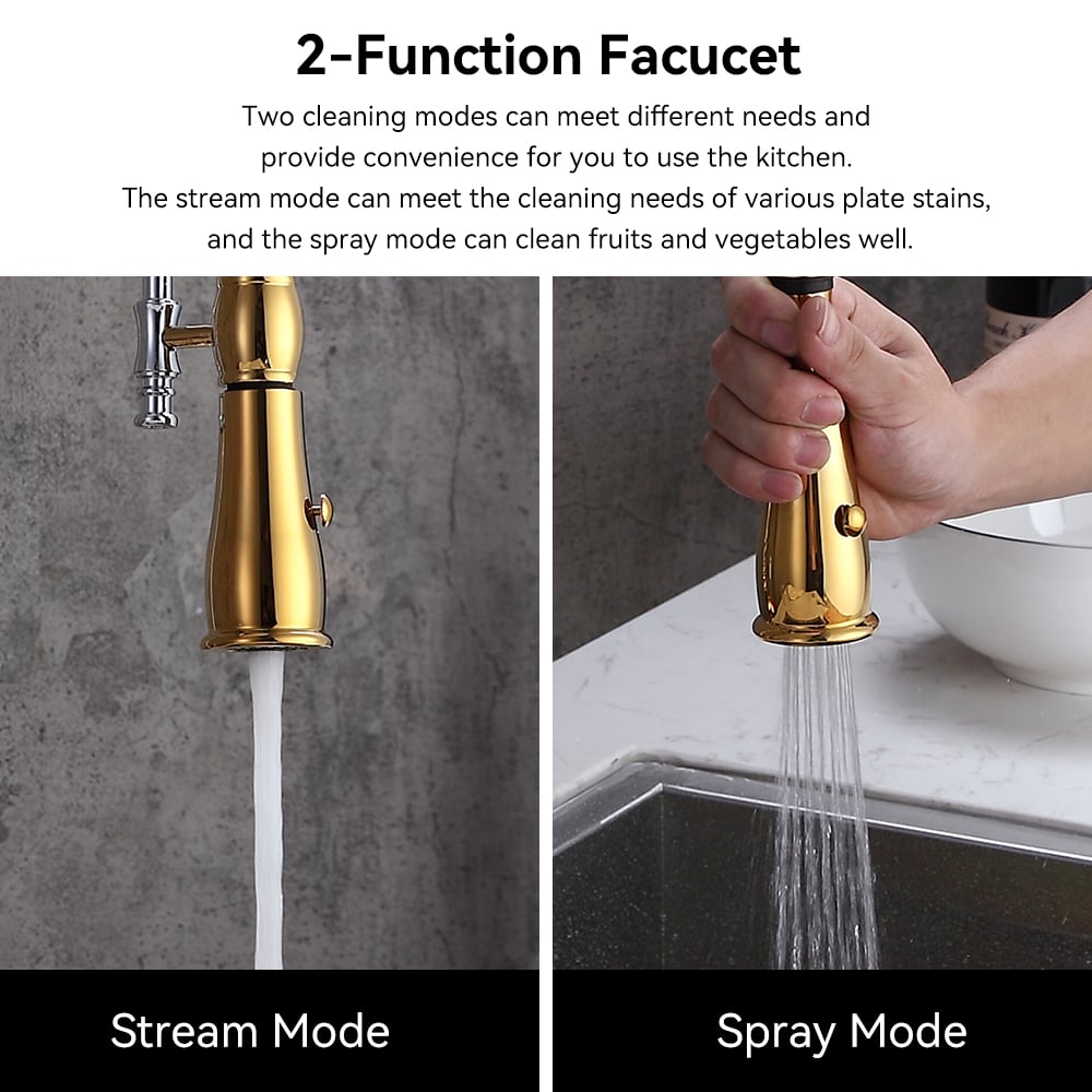 HMR High Arc Dual-Mode Pull-Down Kitchen Faucet Porcelain Handle with Porcelain Handle - Gold/Chrome
