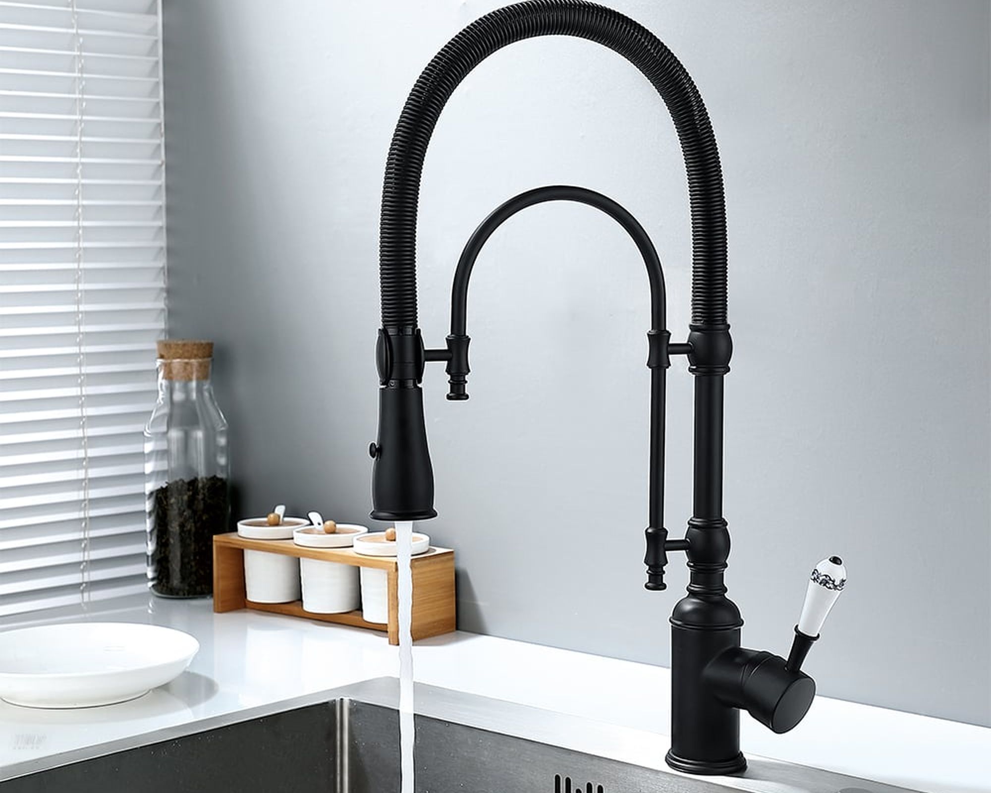 HMR High Arc Dual-Mode Pull-Down Kitchen Faucet Porcelain Handle with Porcelain Handle - Black