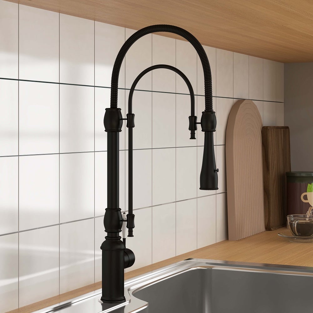 HMR High Arc Dual-Mode Pull-Down Kitchen Faucet Porcelain Handle with Porcelain Handle - Black