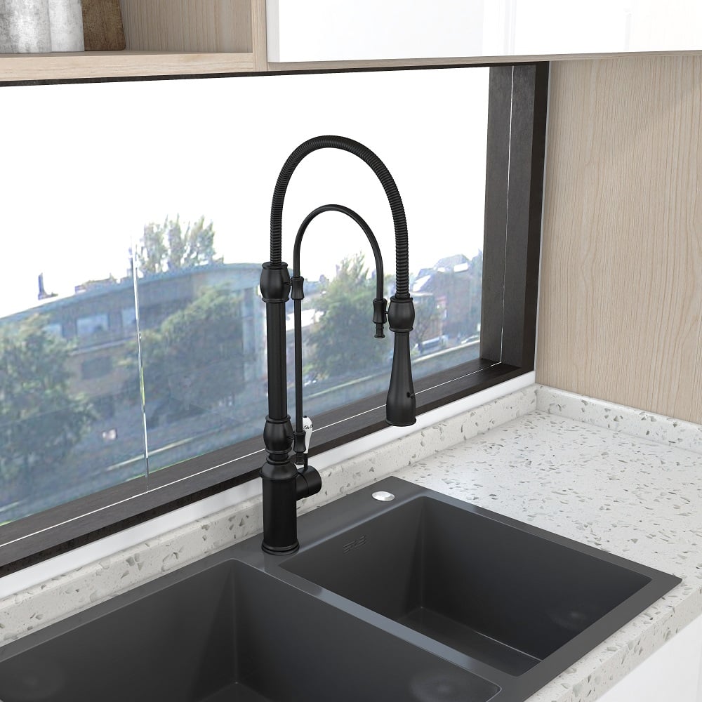 HMR High Arc Dual-Mode Pull-Down Kitchen Faucet Porcelain Handle with Porcelain Handle - Black