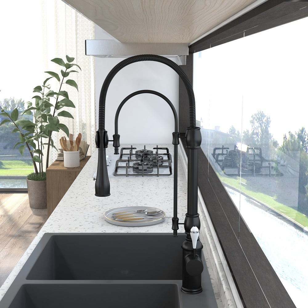 HMR High Arc Dual-Mode Pull-Down Kitchen Faucet Porcelain Handle with Porcelain Handle - Black