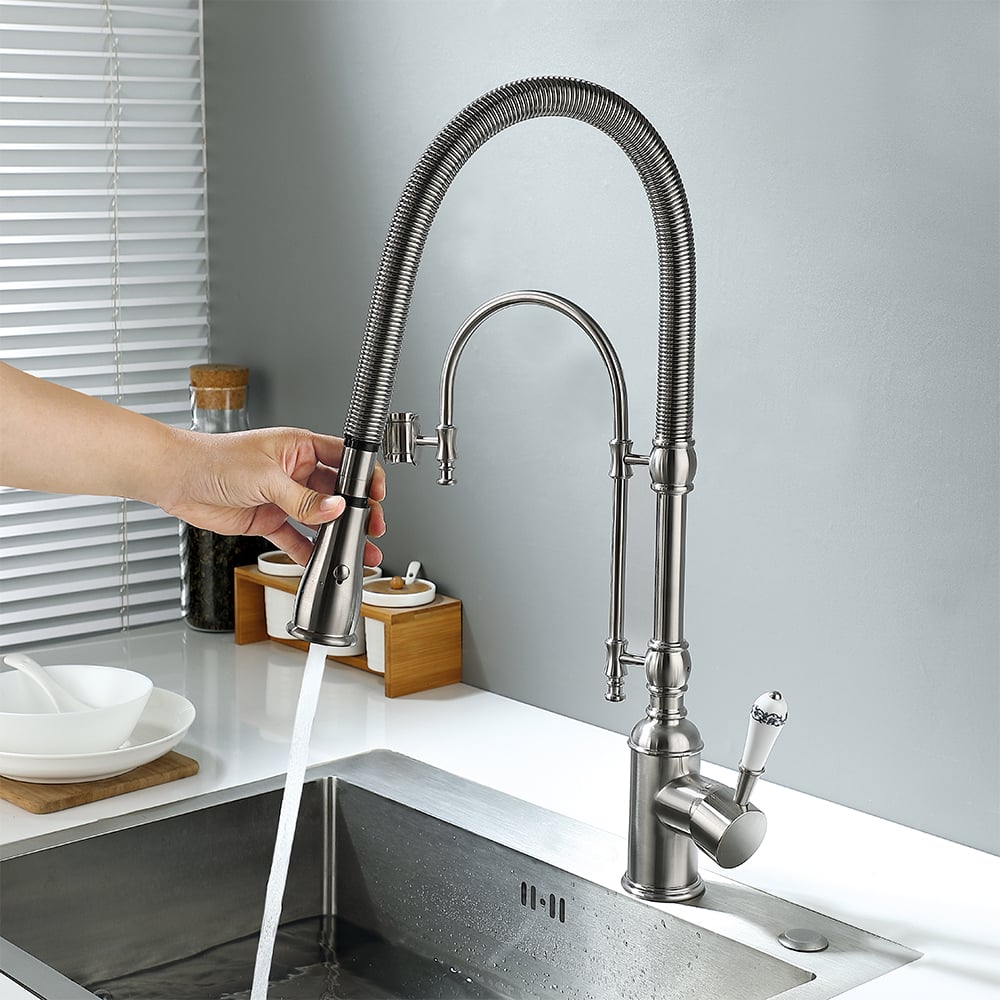 HMR High Arc Dual-Mode Pull-Down Kitchen Faucet Porcelain Handle with Porcelain Handle - Brushed Nickel