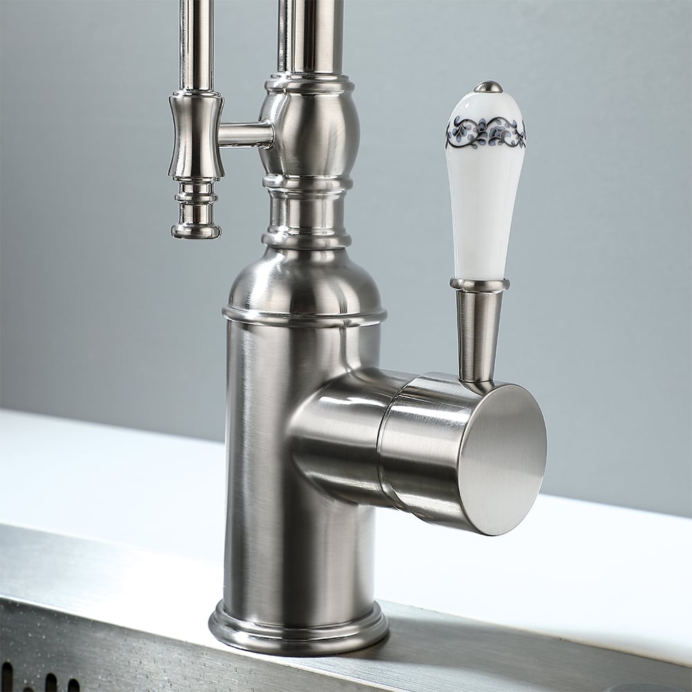 HMR High Arc Dual-Mode Pull-Down Kitchen Faucet Porcelain Handle with Porcelain Handle - Brushed Nickel