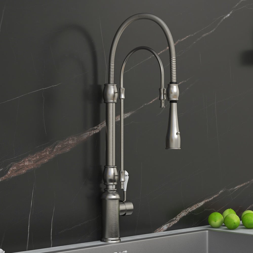 HMR High Arc Dual-Mode Pull-Down Kitchen Faucet Porcelain Handle with Porcelain Handle - Brushed Nickel