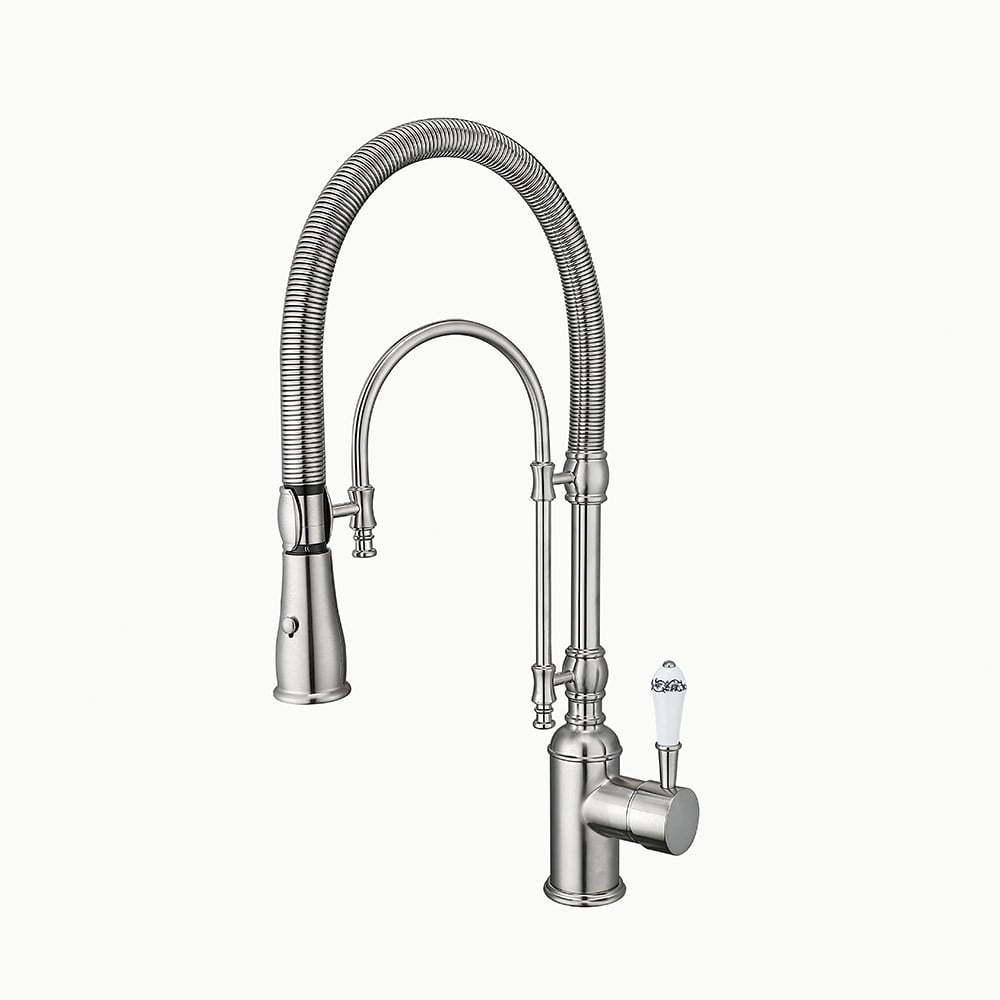 HMR High Arc Dual-Mode Pull-Down Kitchen Faucet Porcelain Handle with Porcelain Handle - Brushed Nickel
