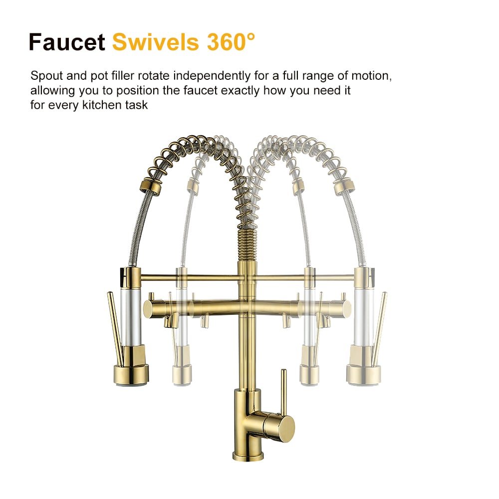 HMR - Brewst Single Hole Double Spout Pull Out Sprayer Kitchen Faucet in Solid Brass